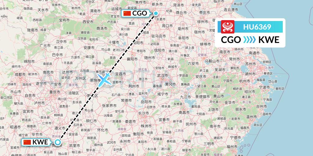 HU6369 Hainan Airlines Flight Map: Zhengzhou to Guiyang