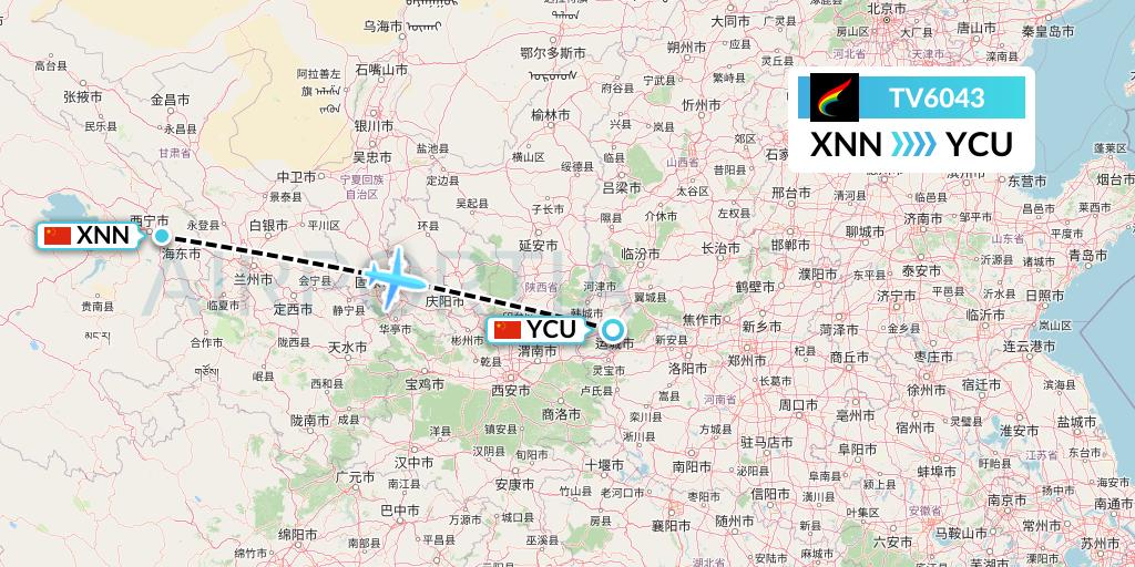 TV6043 Tibet Airlines Flight Map: Xining to Yuncheng