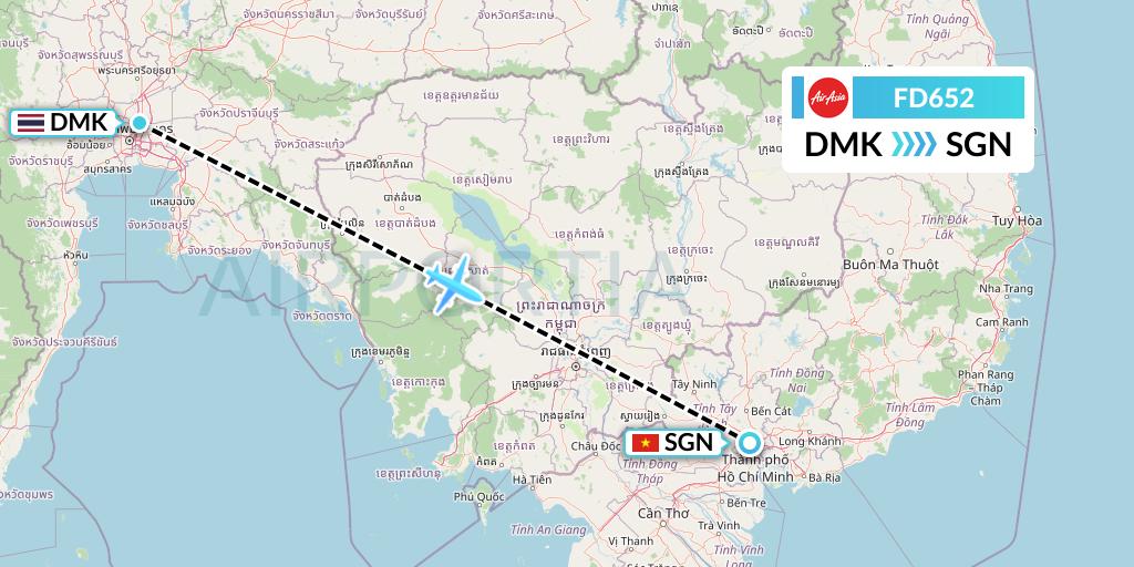 FD652 Thai AirAsia Flight Map: Bangkok to Ho Chi Minh City
