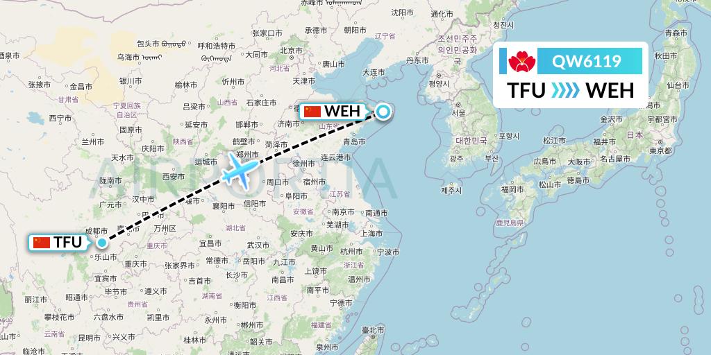 QW6119 Qingdao Airlines Flight Map: Chengdu to Weihai