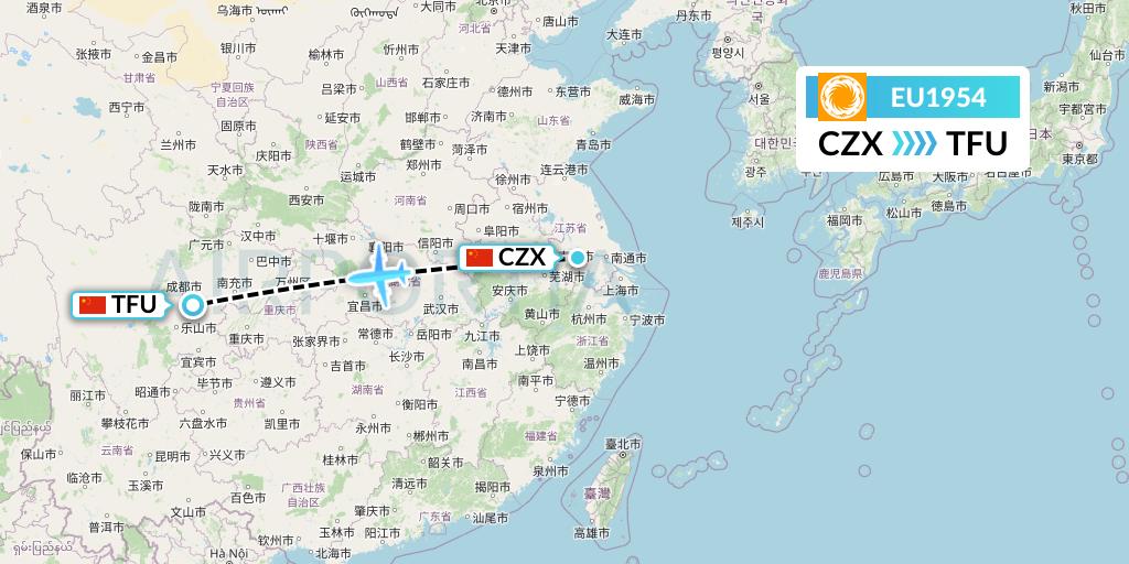 EU1954 Chengdu Airlines Flight Map: Changzhou to Chengdu