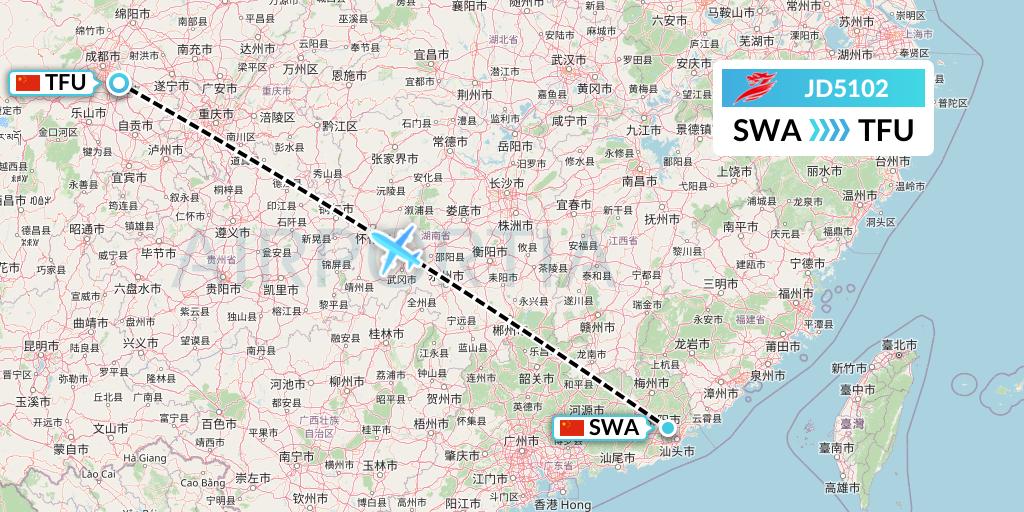 JD5102 Capital Airlines Flight Map: Jieyang to Chengdu