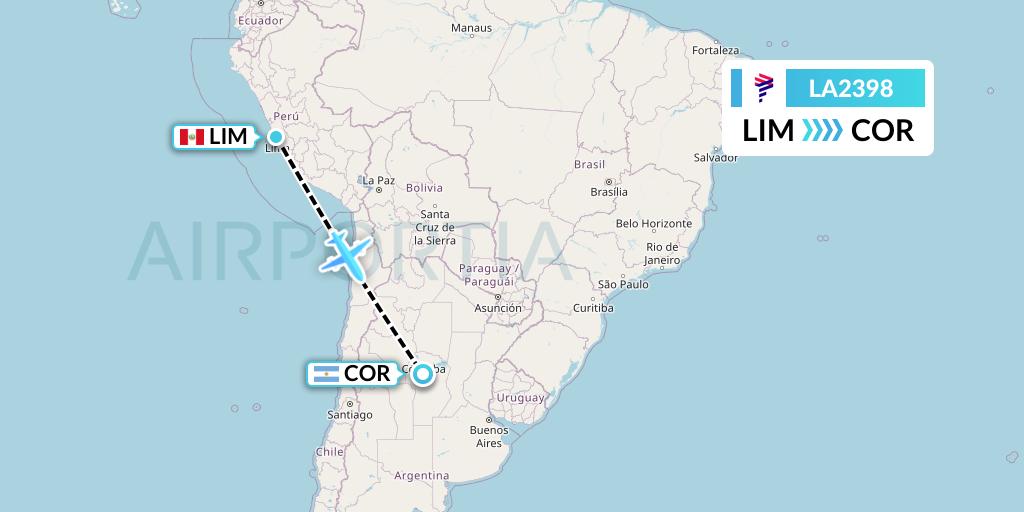 LA2398 LAN Airlines Flight Map: Lima to Cordoba