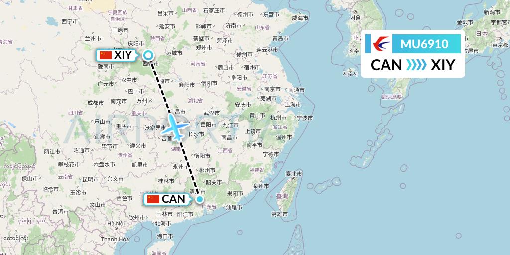 MU6910 China Eastern Airlines Flight Map: Guangzhou to Xi'an