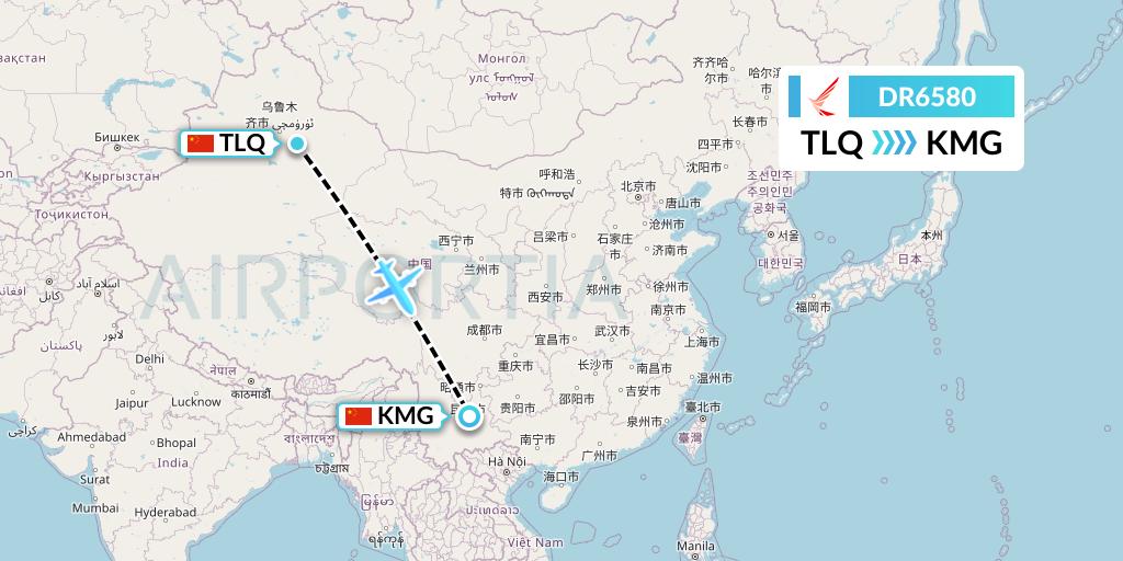 DR6580 Ruili Airlines Flight Map: Turpan to Kunming