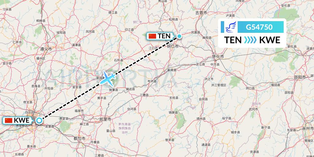 G54750 China Express Airlines Flight Map: Tongren to Guiyang