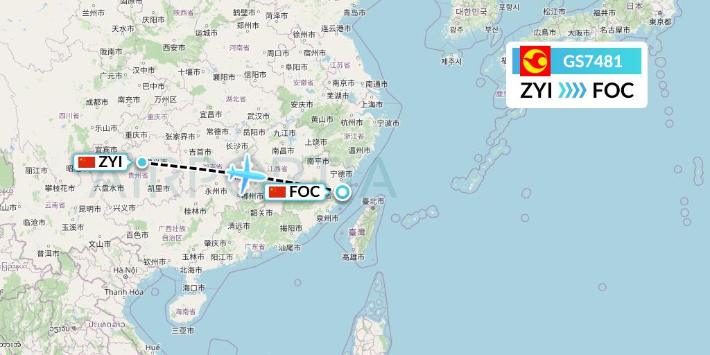 GS7481 Tianjin Airlines Flight Map: Zunyi to Fuzhou