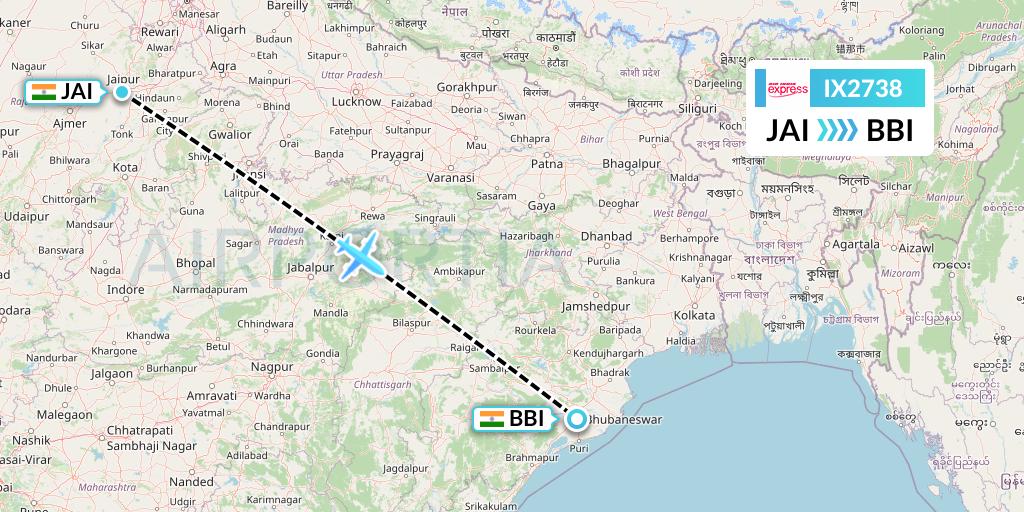 IX2738 Air India Express Flight Map: Jaipur to Bhubaneswar