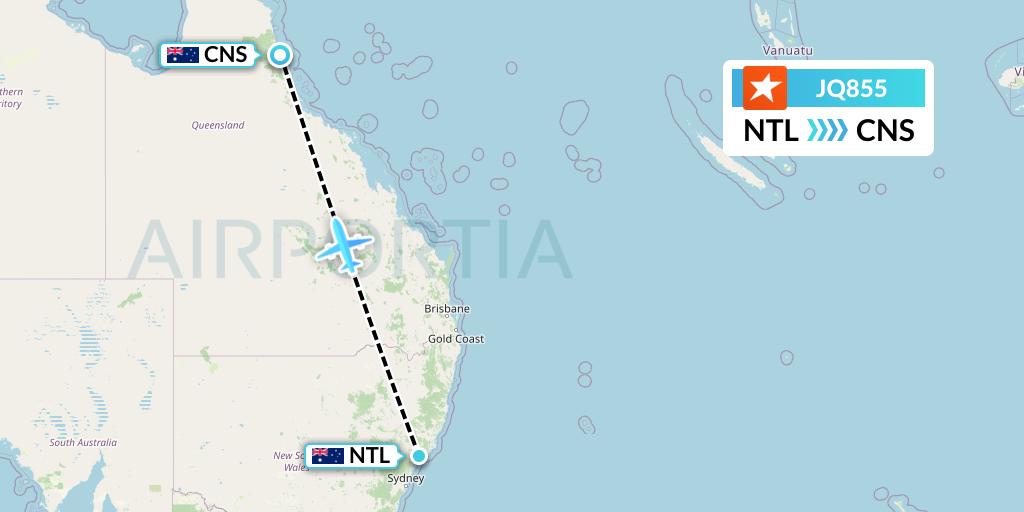 JQ855 Jetstar Airways Flight Map: Newcastle to Cairns