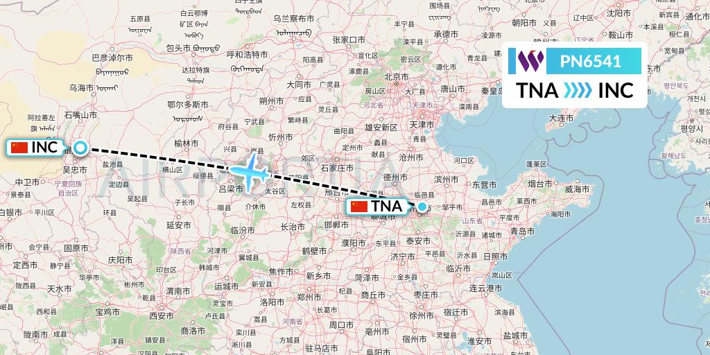 PN6541 China West Air Flight Map: Jinan to Yinchuan