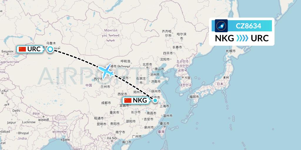 CZ8634 China Southern Airlines Flight Map: Nanjing to Urumqi
