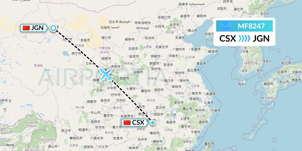 MF8247 Xiamen Airlines Flight Map: Changsha to Jiayuguan