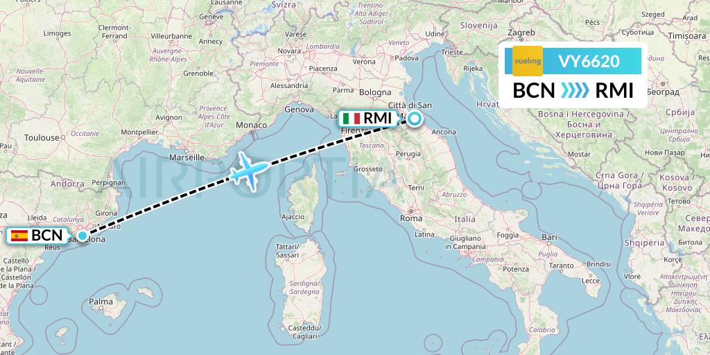 VY6620 Vueling Flight Map: Barcelona to Rimini