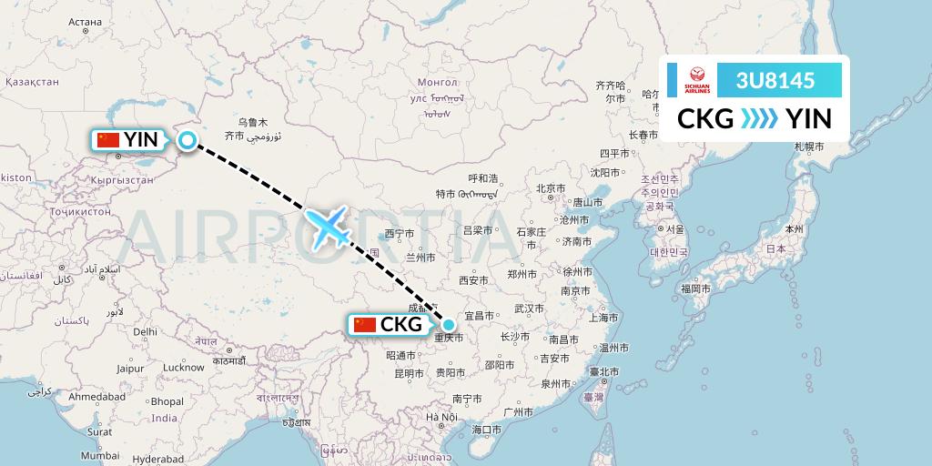 3U8145 Sichuan Airlines Flight Map: Chongqing to Yining