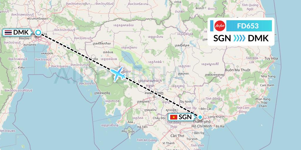 FD653 Thai AirAsia Flight Map: Ho Chi Minh City to Bangkok