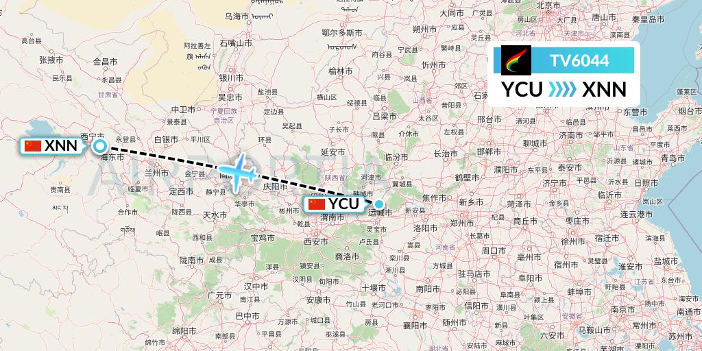 TV6044 Tibet Airlines Flight Map: Yuncheng to Xining