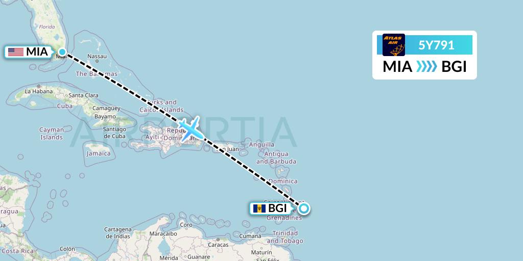 5Y791 Atlas Air Flight Map: Miami to Bridgetown