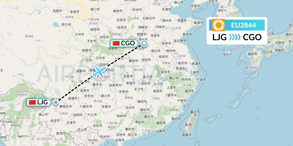 EU2844 Chengdu Airlines Flight Map: Lijiang to Zhengzhou
