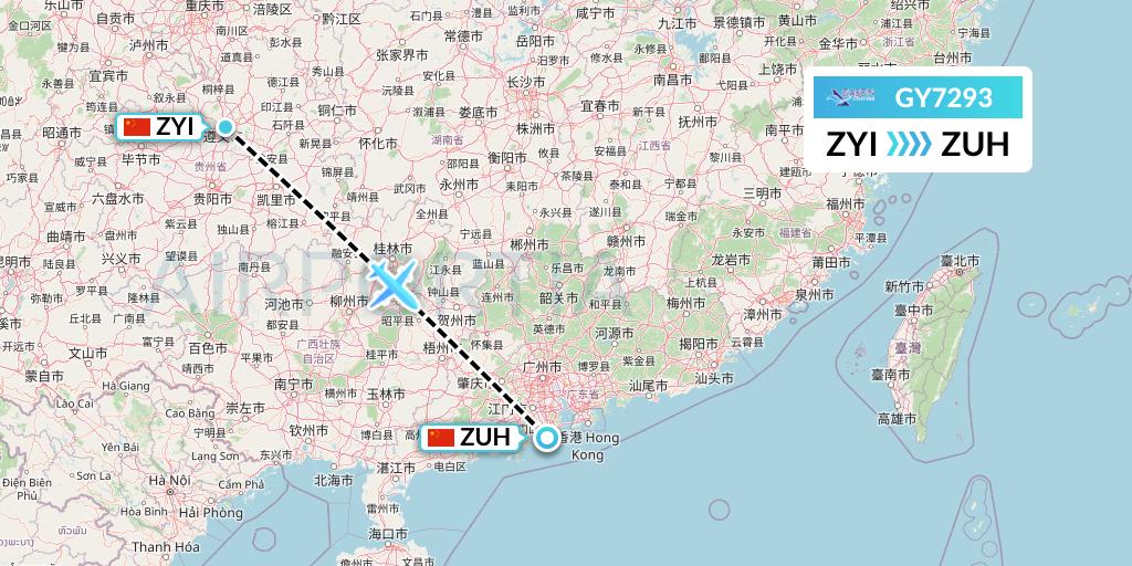 GY7293 Colorful GuiZhou Airlines Flight Map: Zunyi to Zhuhai