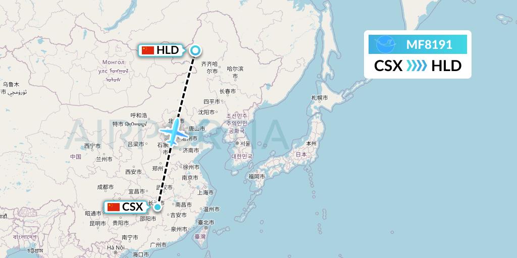 MF8191 Xiamen Airlines Flight Map: Changsha to Hailar