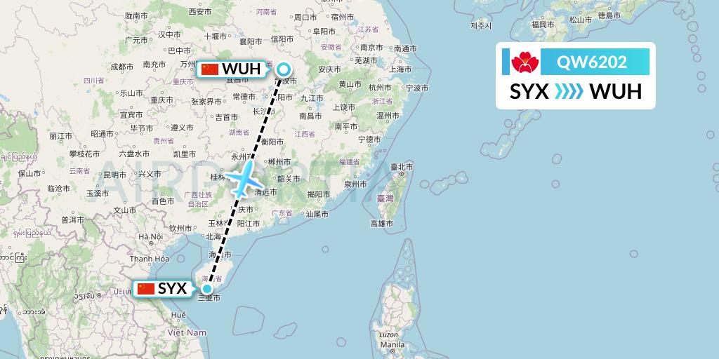 QW6202 Qingdao Airlines Flight Map: Sanya to Wuhan