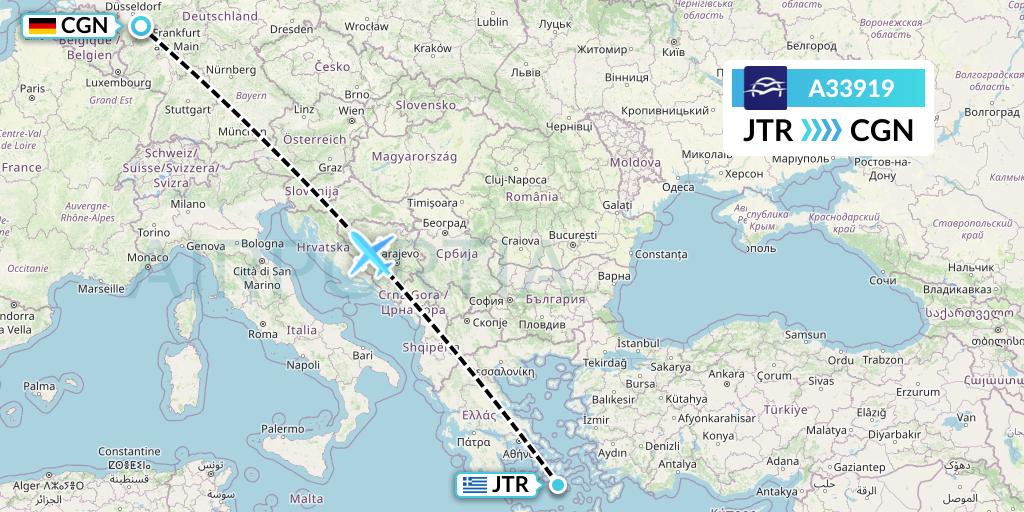 A33919 Aegean Airlines Flight Map: Santorini to Cologne