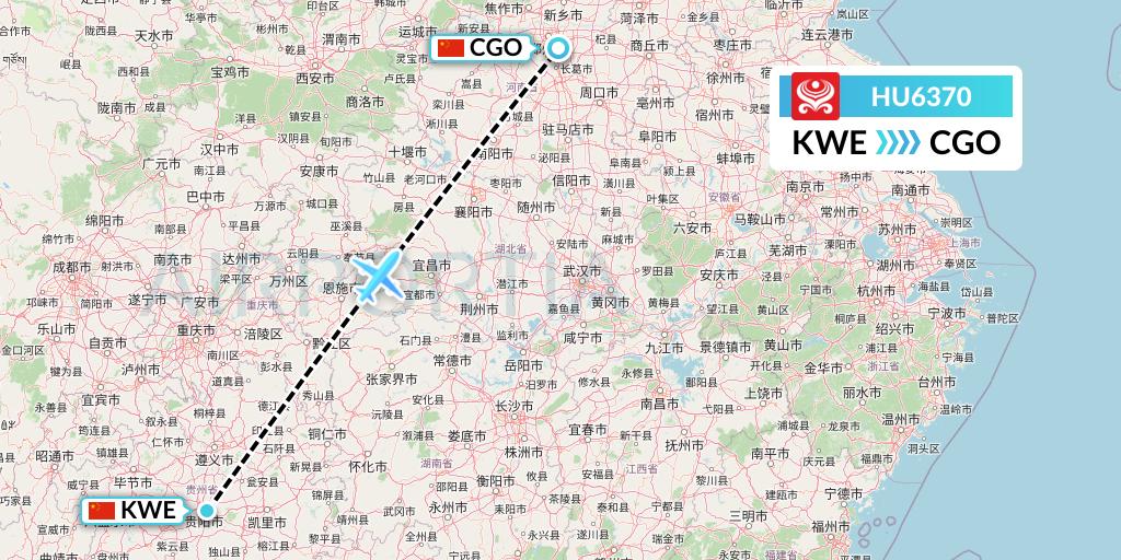 HU6370 Hainan Airlines Flight Map: Guiyang to Zhengzhou