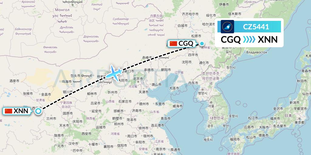 CZ5441 China Southern Airlines Flight Map: Changchun to Xining