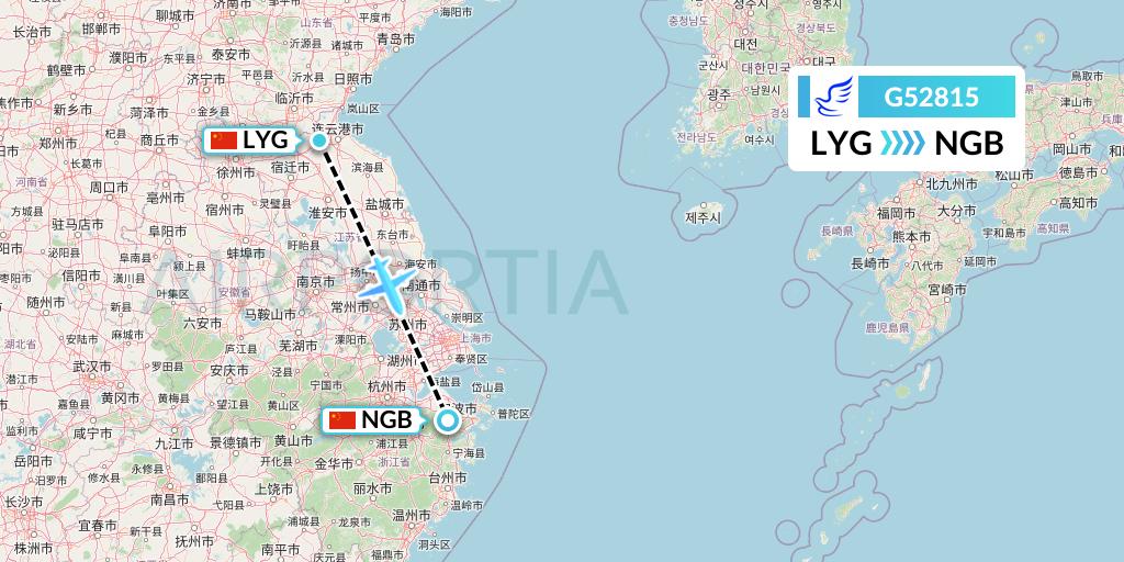 G52815 China Express Airlines Flight Map: Lianyungang to Ningbo