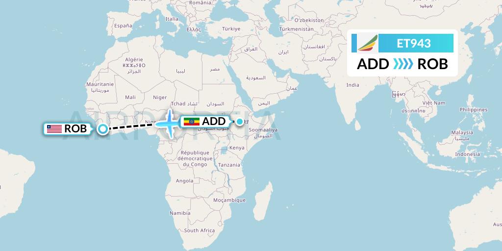 ET943 Ethiopian Airlines Flight Map: Addis Ababa to Monrovia