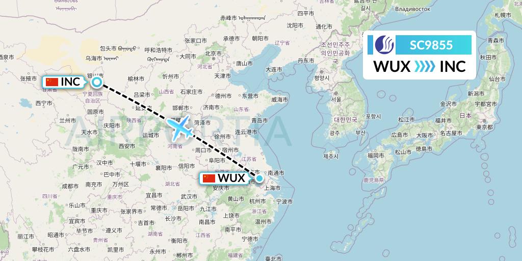 SC9855 Shandong Airlines Flight Map: Wuxi to Yinchuan