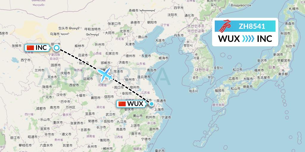 ZH8541 Shenzhen Airlines Flight Map: Wuxi to Yinchuan