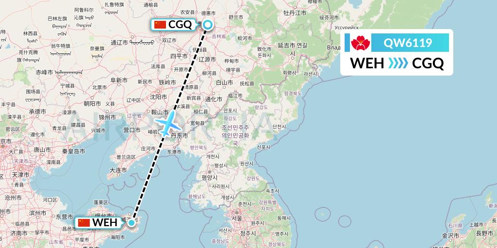 QW6119 Qingdao Airlines Flight Map: Weihai to Changchun