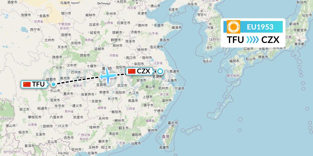 EU1953 Chengdu Airlines Flight Map: Chengdu to Changzhou