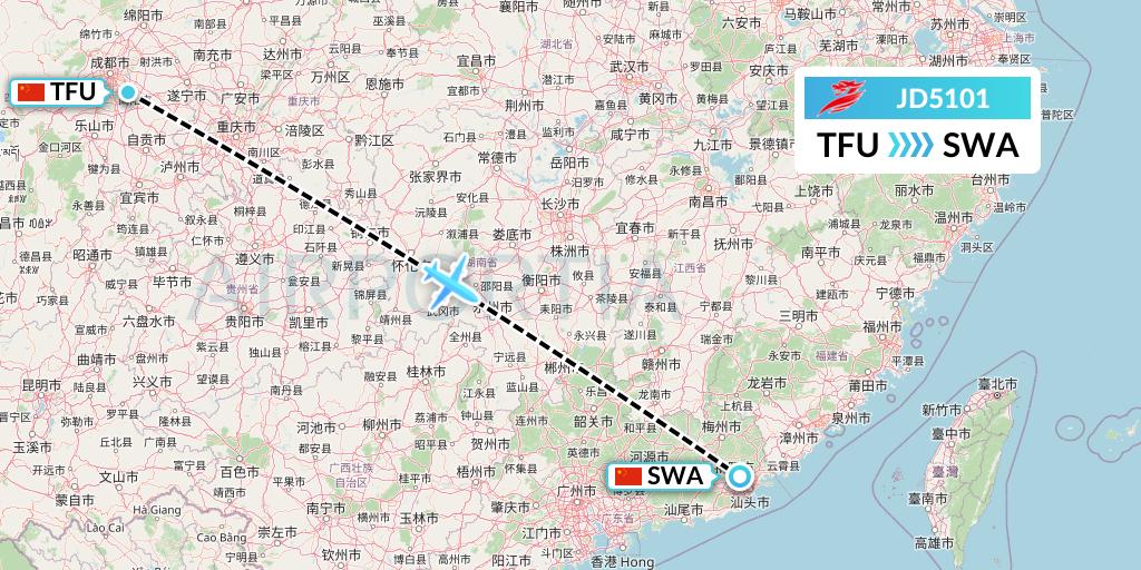 JD5101 Capital Airlines Flight Map: Chengdu to Jieyang