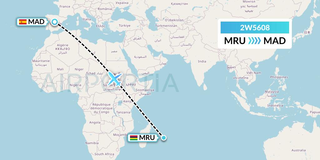 2W5608 World 2 Fly Flight Map: Port Louis to Madrid