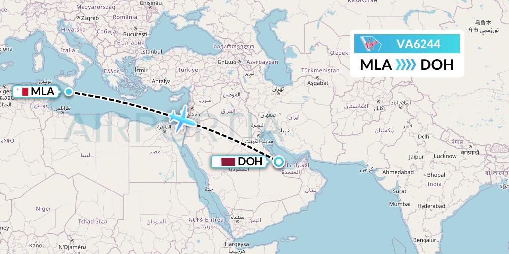 VA6244 Virgin Australia Flight Map: Malta to Doha