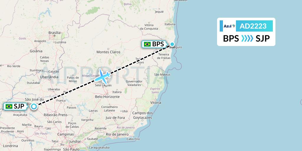 AD2223 Azul Brazilian Airlines Flight Map: Porto Seguro to Sao Jose Do Rio Preto