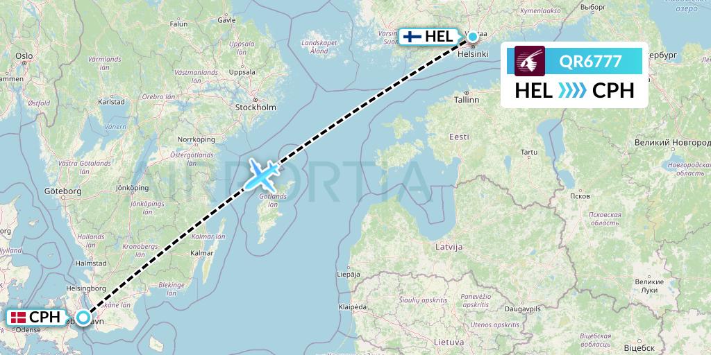 QR6777 Qatar Airways Flight Map: Helsinki to Copenhagen