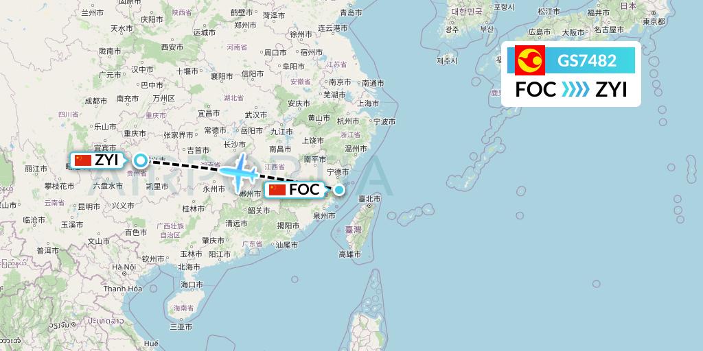 GS7482 Tianjin Airlines Flight Map: Fuzhou to Zunyi