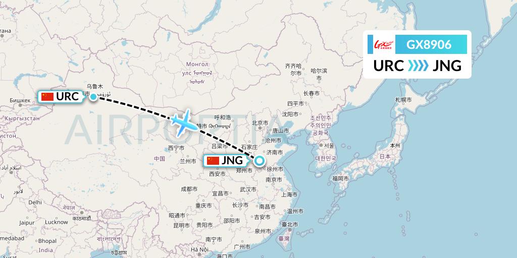 GX8906 GX Airlines Flight Map: Urumqi to Jining