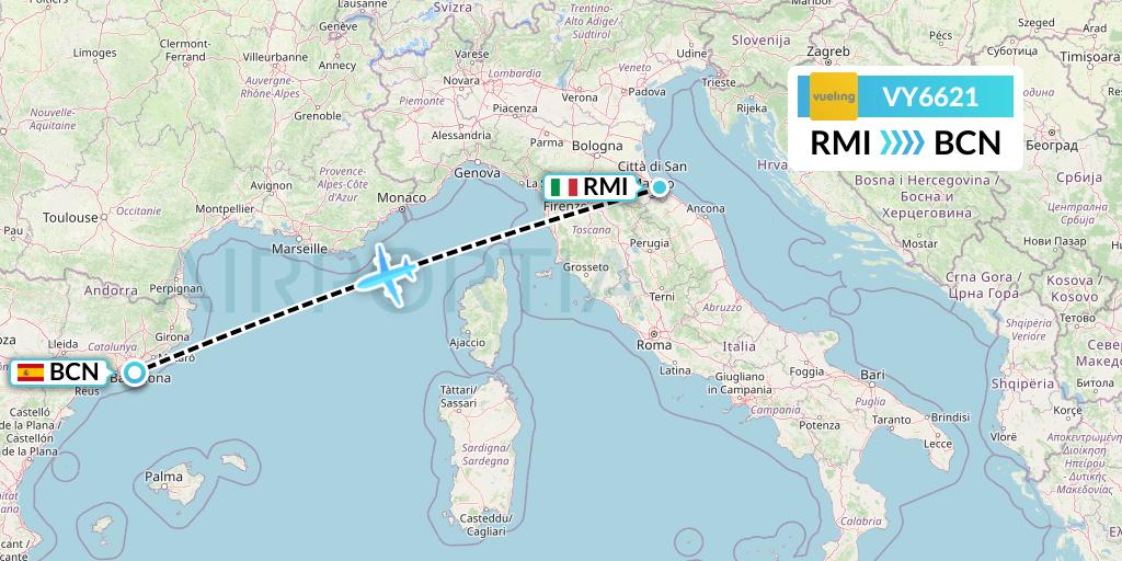 VY6621 Vueling Flight Map: Rimini to Barcelona