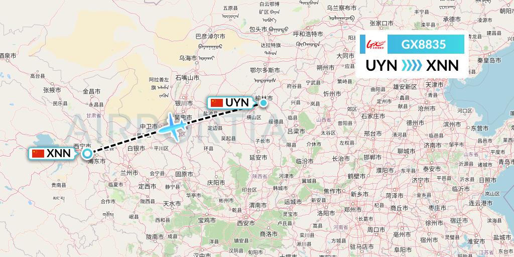 GX8835 GX Airlines Flight Map: Yulin to Xining