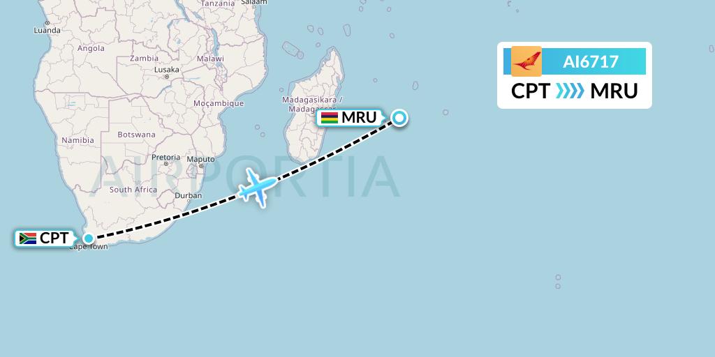 AI6717 Air India Flight Map: Cape Town to Port Louis