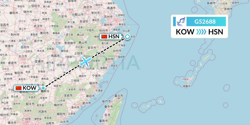 G52688 China Express Airlines Flight Map: Ganzhou to Zhoushan