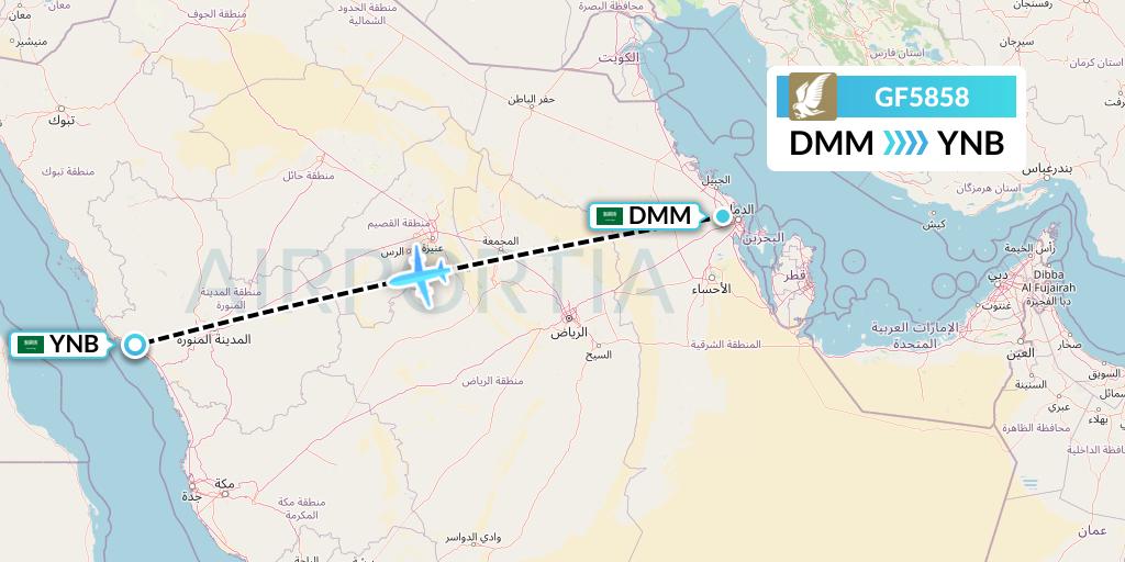 GF5858 Gulf Air Flight Map: Dammam to Yanbu