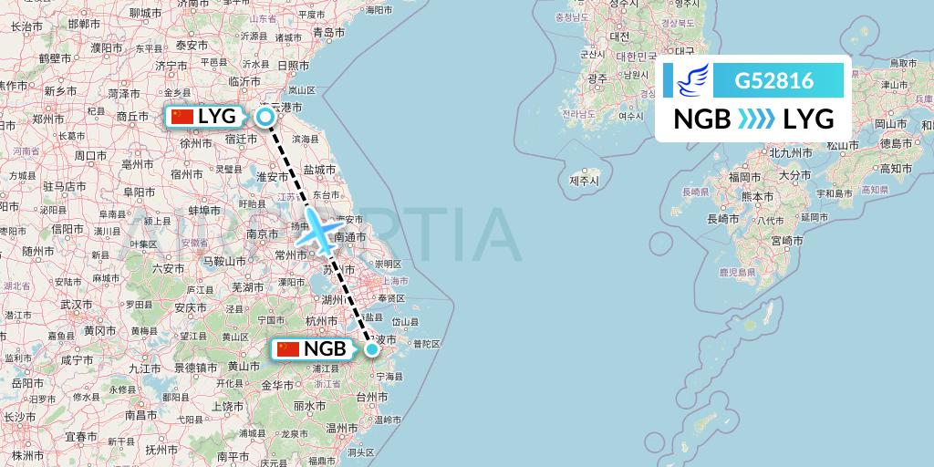 G52816 China Express Airlines Flight Map: Ningbo to Lianyungang