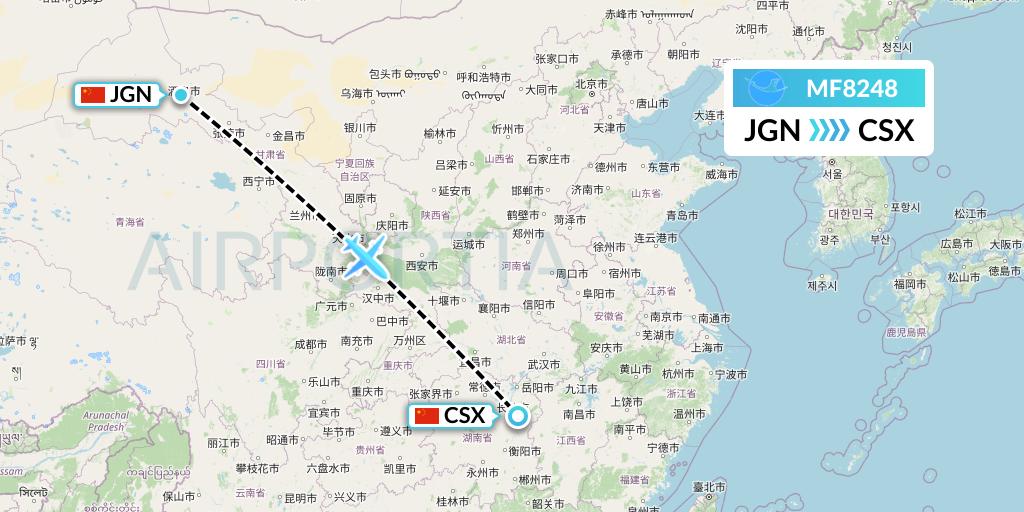 MF8248 Xiamen Airlines Flight Map: Jiayuguan to Changsha