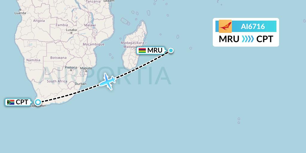 AI6716 Air India Flight Map: Port Louis to Cape Town