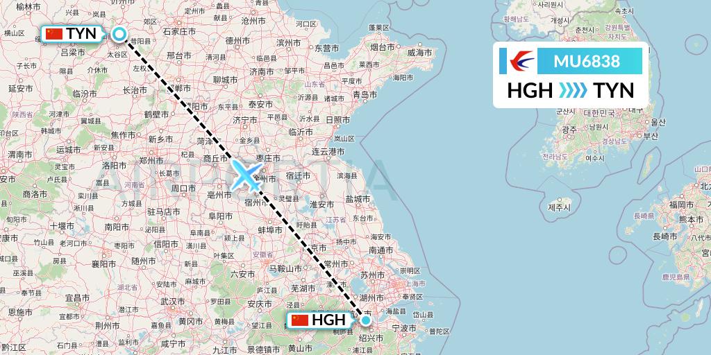 MU6838 China Eastern Airlines Flight Map: Hangzhou to Taiyuan
